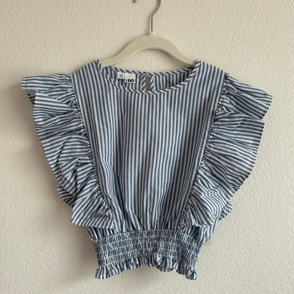 Kids Blue Striped Ruffle Top
